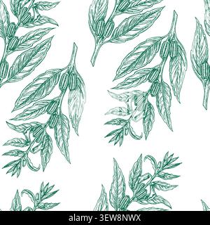 Seamless pattern with a sesame plant. Vector graphics. Hand-drawn illustrations. For creating textiles and labels, prints and decor, as well as for Stock Vector