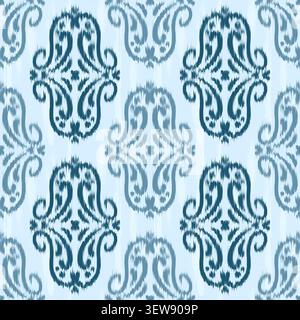 Ikat seamless pattern. Abstract ethnic vector design. Tribal blue textured vintage background. Traditional retro ornament with dye grunge effect. Stock Vector