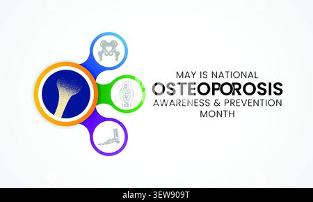 National Osteoporosis awareness and prevention month observed each year in May. it causes bones to become weak and brittle that a fall or coughing can Stock Vector