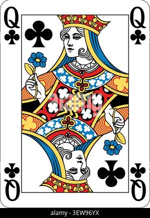 Queen of Clubs design from a new original deck of playing cards. Four pip left handed version with identifier in all four corners. Stock Vector