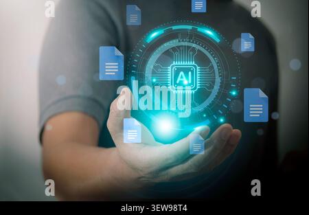 Man hand hold digital hologram AI document generation data automation technology, artificial intelligence information management system network connec Stock Photo