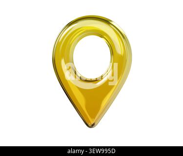 Glossy yellow 3D map location pin icon. Front view. Transparent glass or plastic navigation marker isolated on background for GPS, map, travel and UI Stock Photo