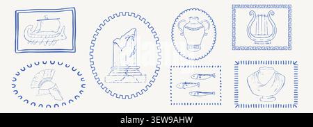 Greek stamps, blue hand drawn sketch Mediterranean style stickers, ancient signs, and summer vacation elements. Crayon doodle coastal grunge border. . Vector illustration Stock Vector