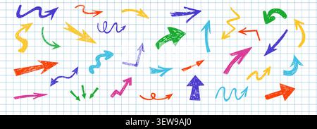 Pencil crayon arrows. Rough grunge pencil pointer icons with brush stroke texture bg. Black retro scribble doodle set. Wavy, Spiral, Circle and Curve Lines hand drawn.. Vector illustration Stock Vector