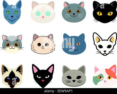 A colorful flat illustration set featuring various cat faces with different coat colors, eye shapes, markings, and facial expressions. Stock Vector