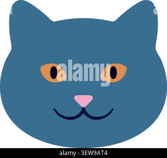 A flat illustration of a blue gray cat face with amber eyes a pink nose and a relaxed smile. Stock Vector