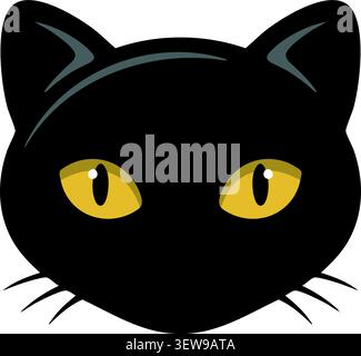 A flat illustration of a black cat head with golden eyes sharp ears and a sleek elegant look. Stock Vector