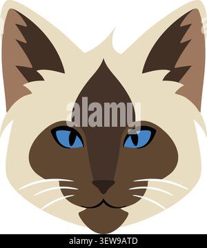 A flat illustration of a Siamese style cat face with blue eyes dark facial markings and a composed look. Stock Vector