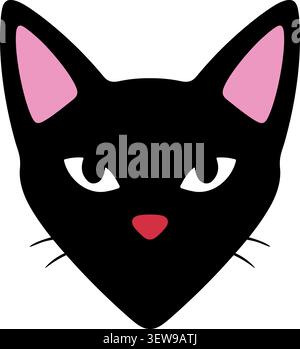 A flat illustration of a black cat face with narrow eyes pink inner ears and a sleek modern expression. Stock Vector