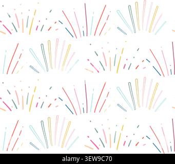 Vector hand drawn pattern with multicolored explosions on white background. Festive texture with marker rays and fireworks for wrapping paper and wall Stock Vector