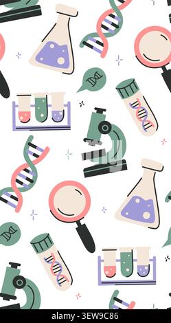 Vector seamless pattern DNA research. Texture of scientific research and exploration. Background with laboratory equipment, microscope, magnifying Stock Vector