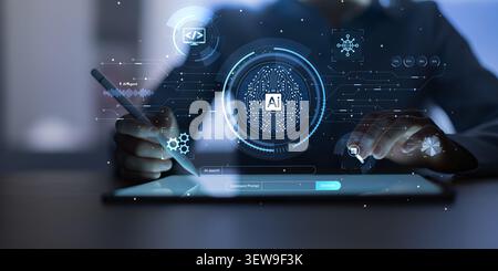 A digital interface featuring artificial intelligence with hands interacting and data visualization icons Stock Photo