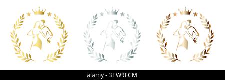 Stylized dancing couple emblem set with metallic gold, silver and bronze elements framed by decorative laurel wreaths and crowns. Suitable for wedding Stock Vector