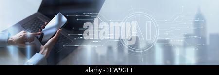 AI artificial intelligence platform for business automation with touchscreen smartphone and laptop interaction Stock Photo