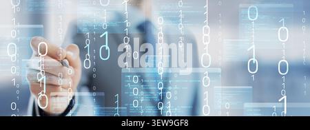 Programming code development for software engineering and computer technology with hand interaction and visible script Stock Photo