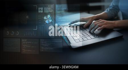 AI artificial intelligence programming system for software development with human hands typing on keyboard Stock Photo