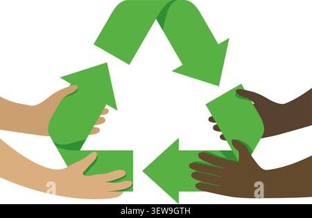 Emblem for Global Recycling Program or Strategy - diverse hands holding triangular sign Stock Vector