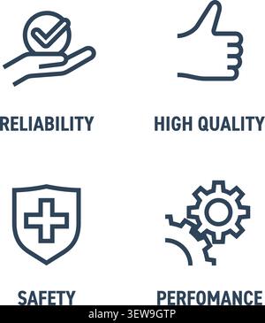 Icons set for any product labeling - Safety, Performance, Reliability, High Quality. Pictograms in bold line Stock Vector