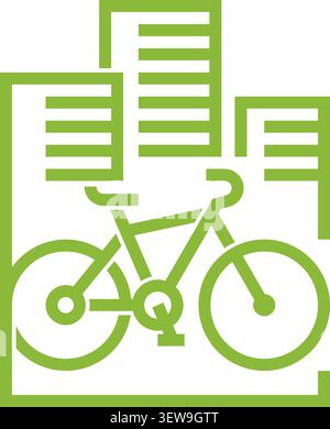 Bicycle icon in simple bold line, side view, with city skyscrapers - sustainable transport for leisure or traveling.  Stock Vector