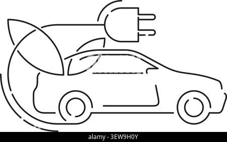 Electric vehicle logo template. Car with electric plug and leaves, geometric style, in thin line Stock Vector