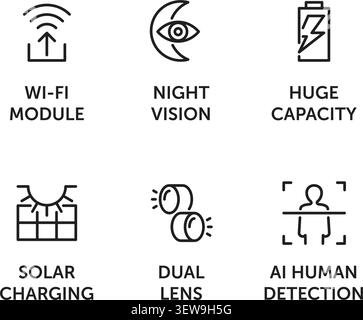Surveillance camera features. CCTV icons set for labeling - Solar charging, Dual lens, Human detection, Wi-fi module, Night vision, Huge Stock Vector