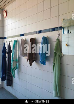 Several towels in blue, green, brown, gray, and striped patterns hang from hooks on white tiled bathroom wall beside decorative blue tile band and par Stock Photo