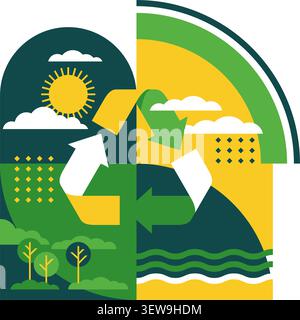 Emblem for Global Recycling Program or Strategy - triangular sign surrounded by trees, mountains, sky and sun. Simple geometric style Stock Vector