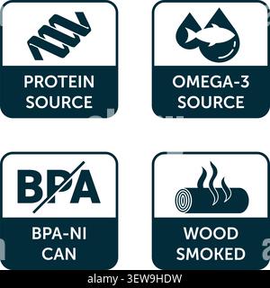 Canned fish icons set - Omega-3 source, Protein source, Wood smoked, BPA-NI can. Labeling of sea food, flat pictograms in square shape Stock Vector