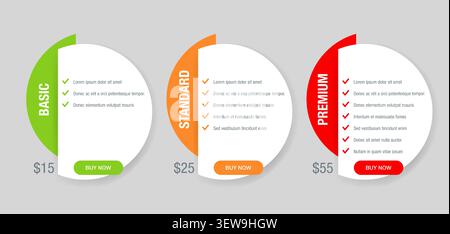 Tariff comparison table block with three options - web UI chart flat design template - Basic, Standard, Premium tariffs - three info columns Stock Vector