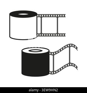 Monochrome camera film roll icons with negative strip vector. Perfect for movie production logos and vintage photography projects. EPS 10. Stock Vector