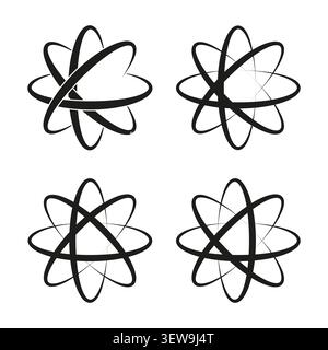 Geometric circular forms pack features black vector atomic orbit shapes. Minimal collection visualizes science. eps 10 Stock Vector