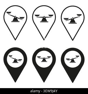 Map pin location forms pack features black vector balance scales. Minimal justice collection highlights law and order themes. eps 10 Stock Vector