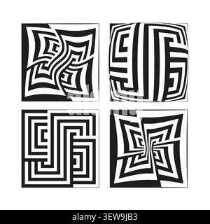 Geometric maze forms pack features black vector distorted labyrinth shapes. Minimal collection visualizes op art. eps 10 Stock Vector