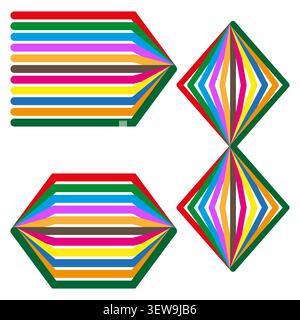 Abstract geometric hexagon forms pack features colorful vector rainbow stripe shapes. Vibrant collection enhances design. eps 10 Stock Vector