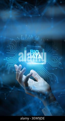 Big data analytics platform for business intelligence and enterprise data management with interactive human hand Stock Photo