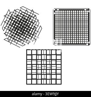 Abstract grid forms pack features black vector intersecting mesh lines. Minimal collection visualizes geometric network. eps 10 Stock Vector