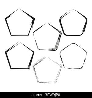 Geometric pentagon forms pack features black vector grunge brush outlines. Minimal collection highlights handmade style. eps 10 Stock Vector