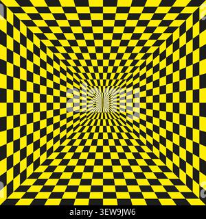 Geometric pattern forms pack features yellow vector checkerboard illusion shapes. Vibrant collection visualizes tunnel. eps 10 Stock Vector