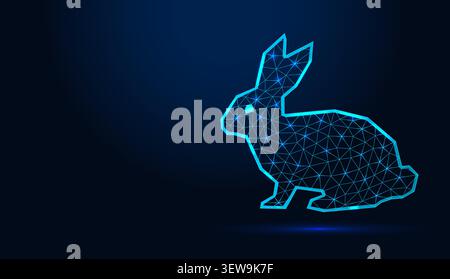 Low poly wireframe rabbit sitting profile on dark blue background. Stock Vector