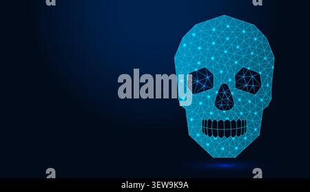 Neon low poly wireframe human skull on dark blue background. Stock Vector