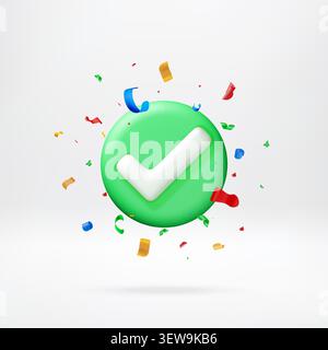 3D Green check mark icon with colorful confetti. Stock Vector