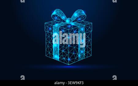 Neon low poly wireframe gift box with ribbon bow on dark blue background. Stock Vector