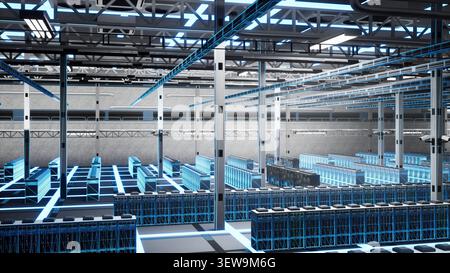 Blue digital rendering shows AI training servers and neural network technology with a blue holographic overlay. Stock Photo