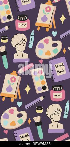 Vector seamless pattern with art supplies in a modern naive style. Texture with hand drawn paints, sculptures, palettes, brushes, easels, and sketchbo Stock Vector