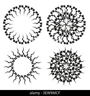 Abstract circular checkered forms pack features black vector radial mandala patterns. Minimal collection highlights art. eps 10 Stock Vector