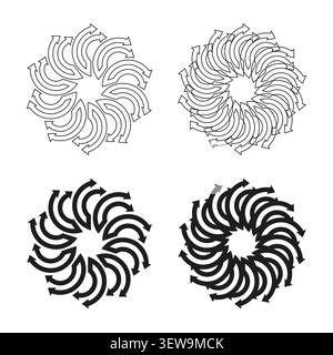 Geometric arrow forms pack features black vector circular swirl shapes. Minimal collection visualizes abstract rotation. eps 10 Stock Vector