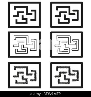 Geometric maze forms pack features black vector square labyrinth shapes. Minimal collection visualizes 3d puzzle. eps 10 Stock Vector