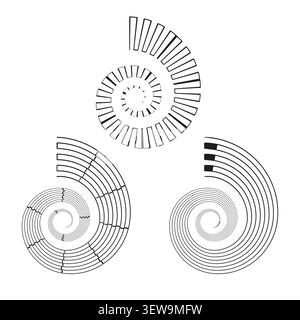 Abstract spiral forms pack features black vector stepped radial shapes. Minimal collection visualizes geometric motion. eps 10 Stock Vector