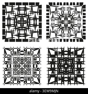 Intricate mosaic forms pack features black vector geometric grid patterns. Minimal collection visualizes complex layout. eps 10 Stock Vector