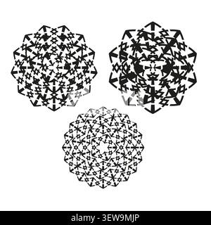 Abstract circular forms pack features black vector intricate star mandalas. Minimal collection visualizes complex art. eps 10 Stock Vector